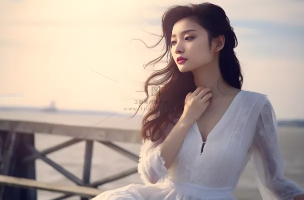 一个美女穿着一件漂亮的白色连衣裙在海边的拍照摄影图