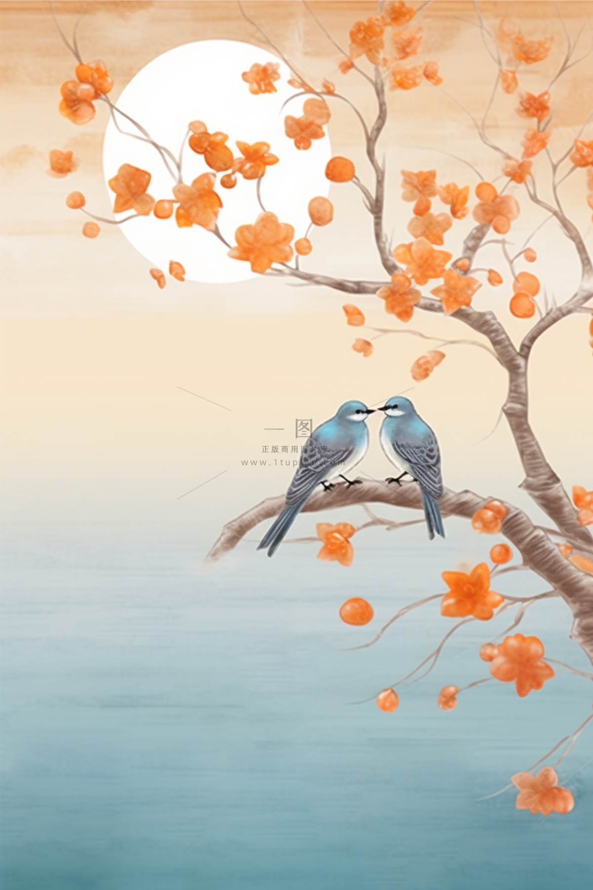 秋季树枝落叶小鸟渐变节气海报背景