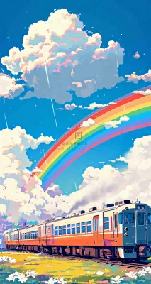 蓝天白云户外铁路草地彩虹手绘，色彩缤纷