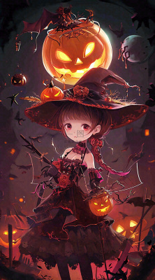 万圣节夜晚黑色南瓜恐怖卡通小鬼手绘插画