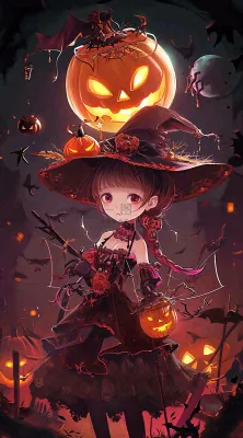 万圣节夜晚黑色南瓜恐怖卡通小鬼手绘插画