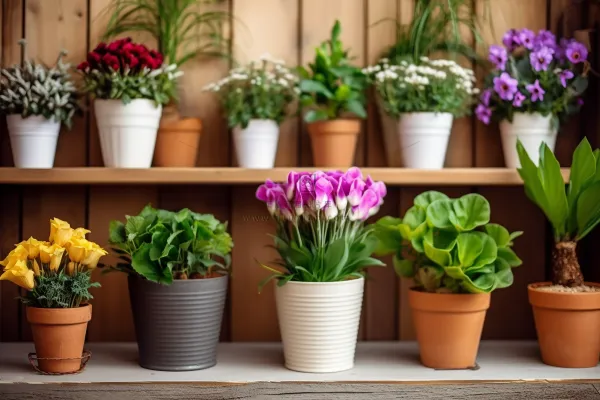 花架上种着很多植物鲜花摄影图