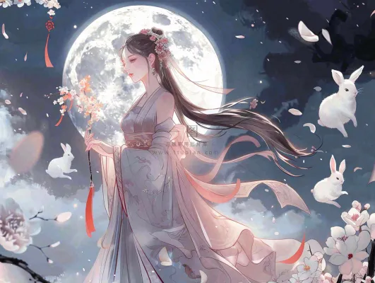 中秋节嫦娥玉兔月下嫦娥插图卡通唯美手绘古风插画背景 中秋节嫦娥玉兔月下嫦娥插图卡通唯美手绘古风插画背景