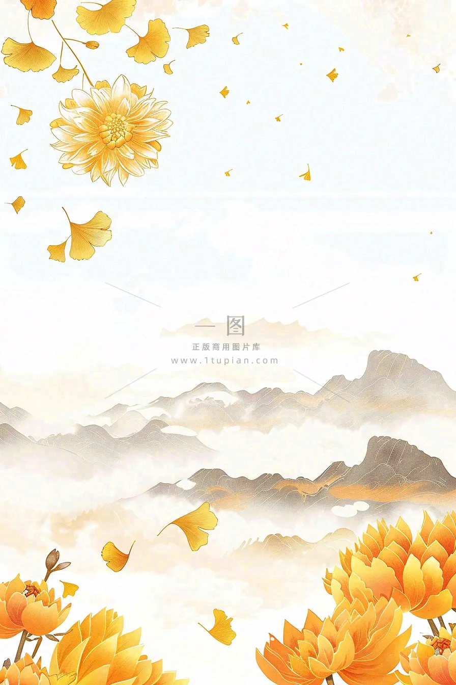 秋天黄了的银杏树银杏叶落叶菊花立秋重阳节秋分白露水墨插画背景
