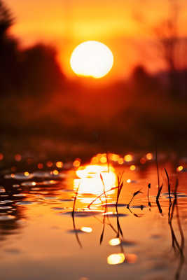 落日枝叶露珠意境晚霞背景