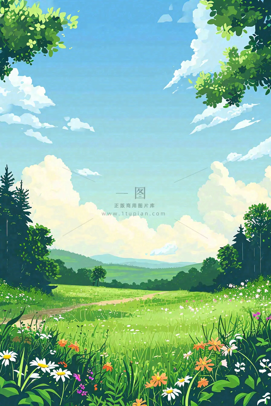 春日郊游草坪小路小花踏青手绘插画，立春春分