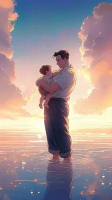 父爱父亲节海边落日温馨爱意浪漫插画