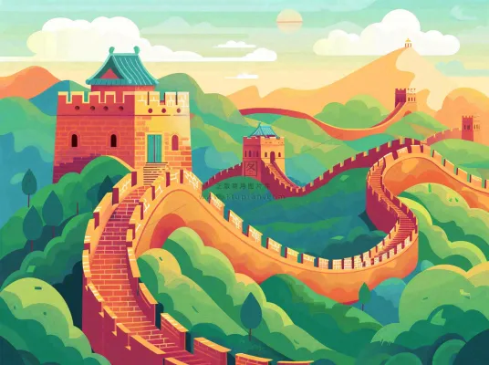 万里长城中国山河国潮插画北京旅游景点八一建军节红色文化卡通插画背景
