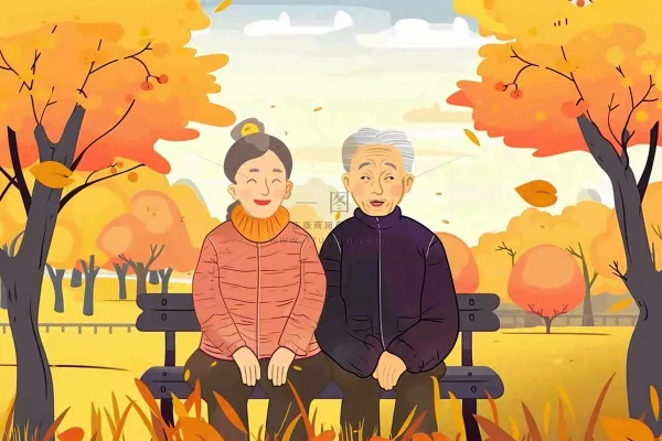 秋天公园长椅坐着的老年夫妻老人互相陪伴黄树落叶重阳佳节卡通插画背景 秋天公园长椅坐着的老年夫妻老人互相陪伴黄树落叶重阳佳节卡通插画背景