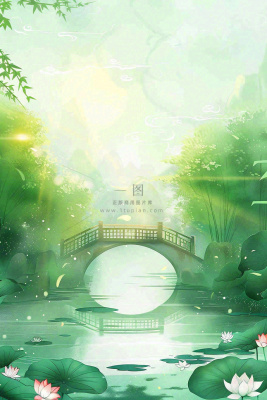 春夏绿意风景小清新荷花池塘拱桥绿荫阳光惊蛰春分立夏夏至水彩插画背景 春夏绿意风景小清新荷花池塘拱桥绿荫阳光惊蛰春分立夏夏至水彩插画背景
