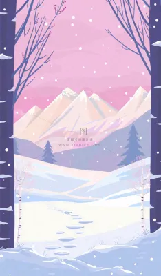 冬季白雪里森林的晚霞夕阳卡通插画小寒大寒立冬背景
