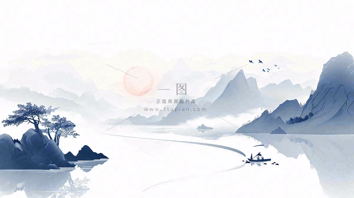 山水画简约白色河面插画手绘，中国风古风