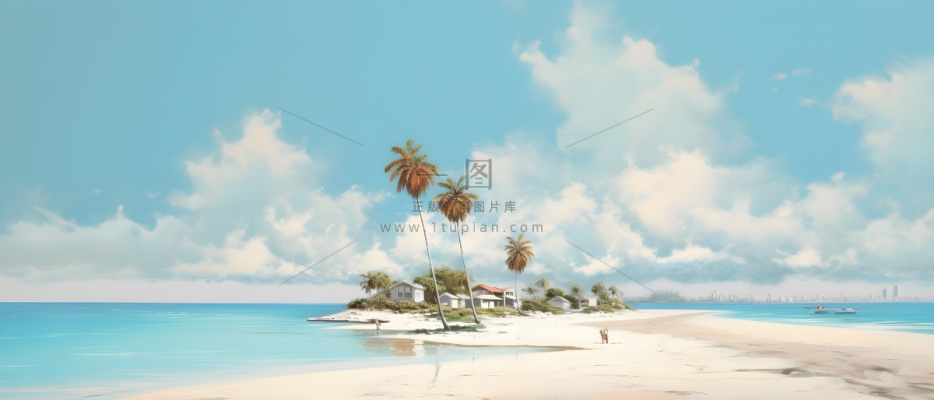岛上的海滩清爽干净的风格天蓝色和米色宁静的氛围天蓝色背景