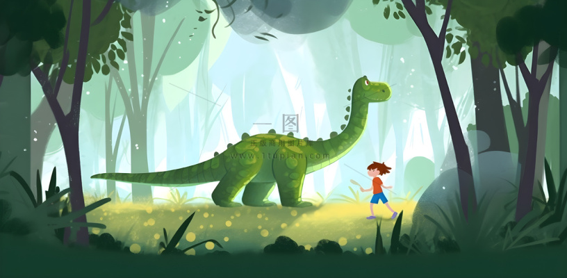 恐龙儿童大自然森林奔跑插画海报素材背景 恐龙儿童大自然森林奔跑插画海报素材背景