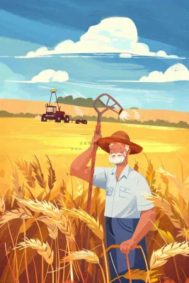 秋天农民伯伯秋收小麦丰收粮食金黄风车芒种立秋秋分卡通插画背景 秋天农民伯伯秋收小麦丰收粮食金黄风车芒种立秋秋分卡通插画背景