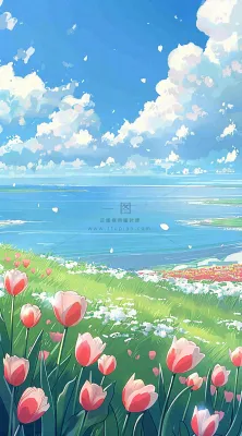 春天海边晴天蓝天白云郁金香春分插画背景 春天海边晴天蓝天白云郁金香春分插画背景