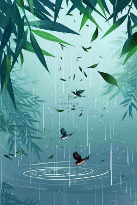 春天大雨磅礴绿叶植物燕子雨滴敲打水面雨水谷雨卡通插画背景 春天大雨磅礴绿叶植物燕子雨滴敲打水面雨水谷雨卡通插画背景