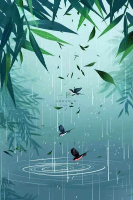 春天大雨磅礴绿叶植物燕子雨滴敲打水面雨水谷雨卡通插画背景 春天大雨磅礴绿叶植物燕子雨滴敲打水面雨水谷雨卡通插画背景