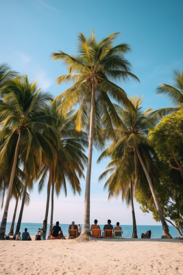 夏日沙滩海边椰树摄影图
