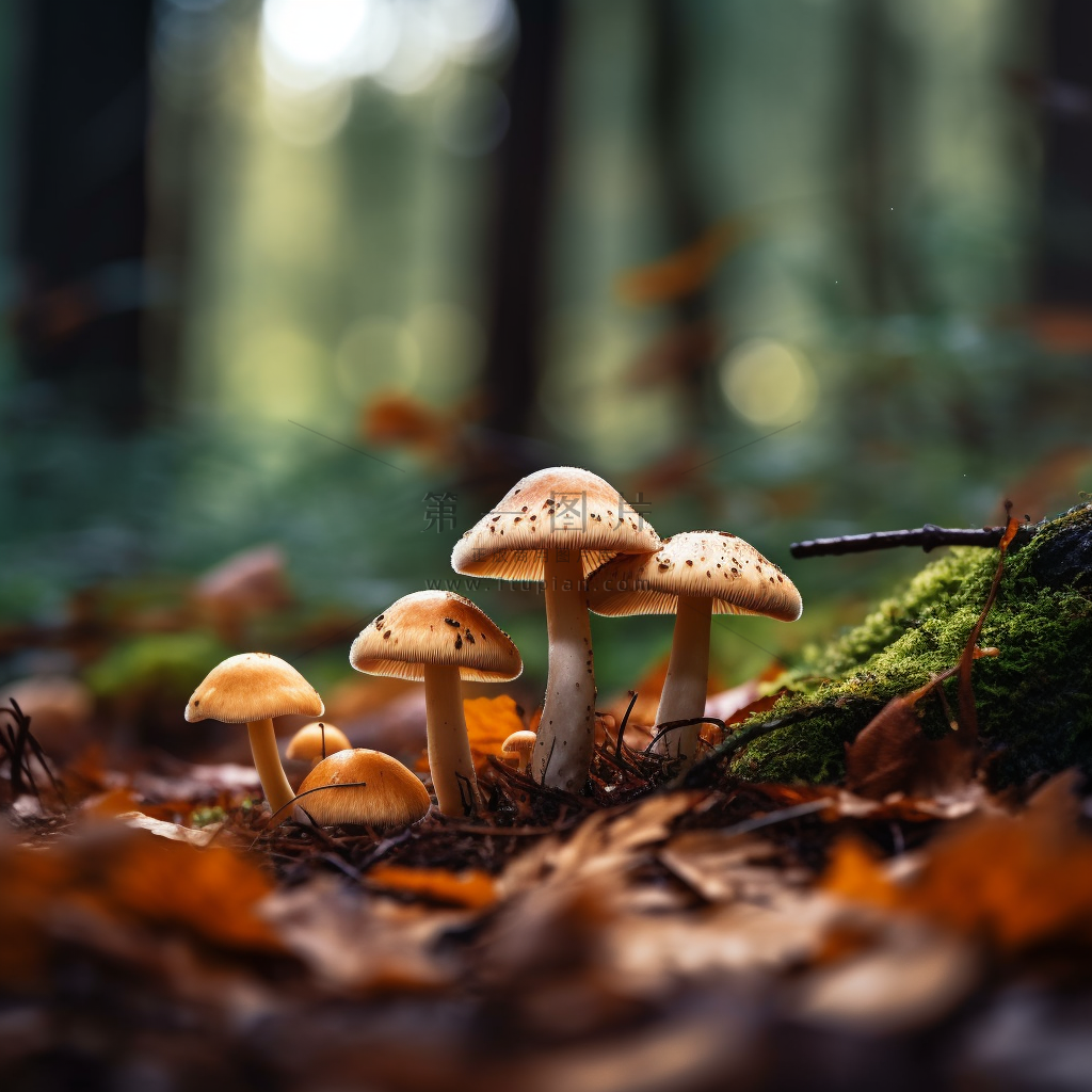 秋季森林蘑菇枯叶树枝摄影图