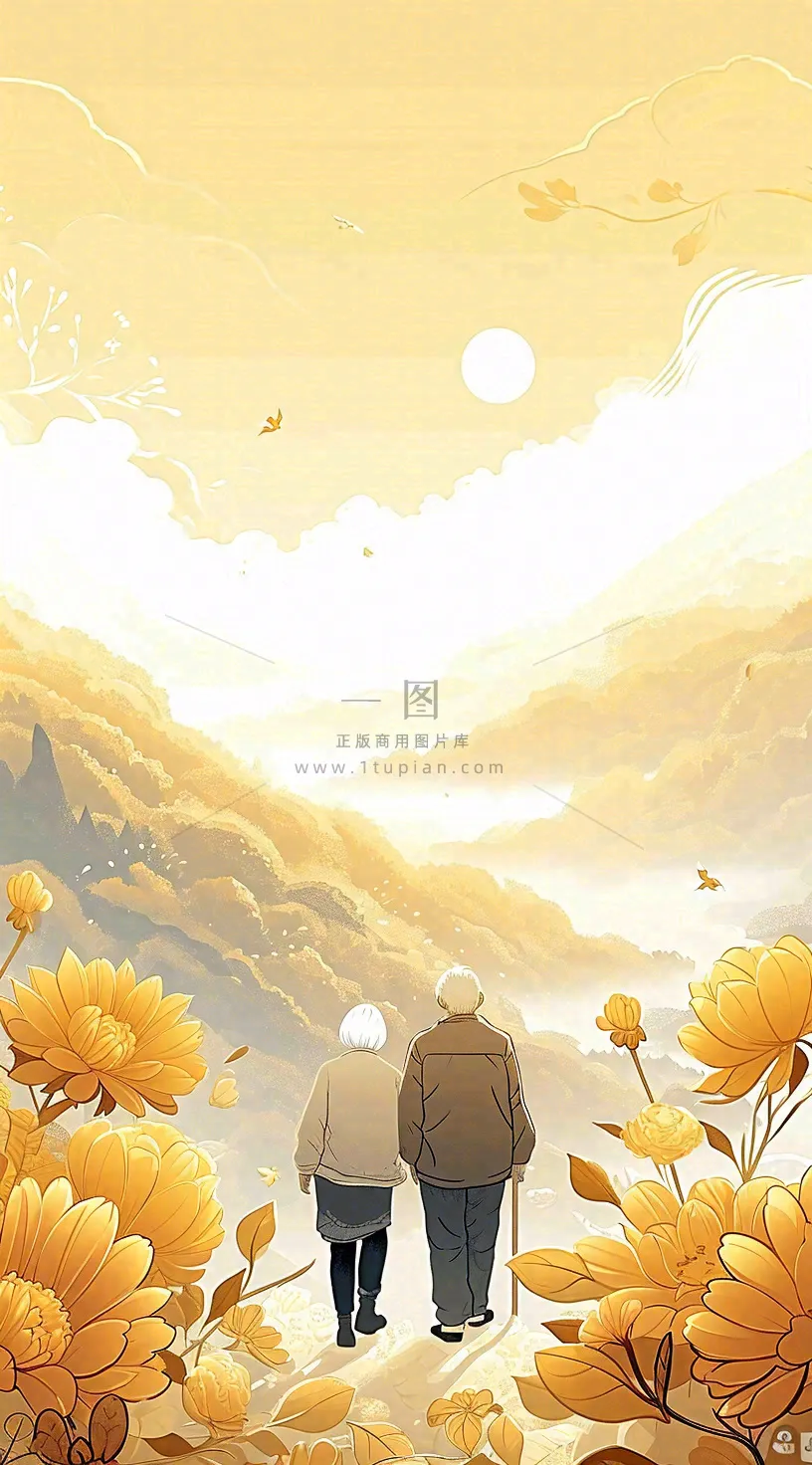 老人相伴到老,菊花黄色花朵,落日山脉