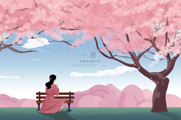春天樱花树下的女生人物卡通插画背景