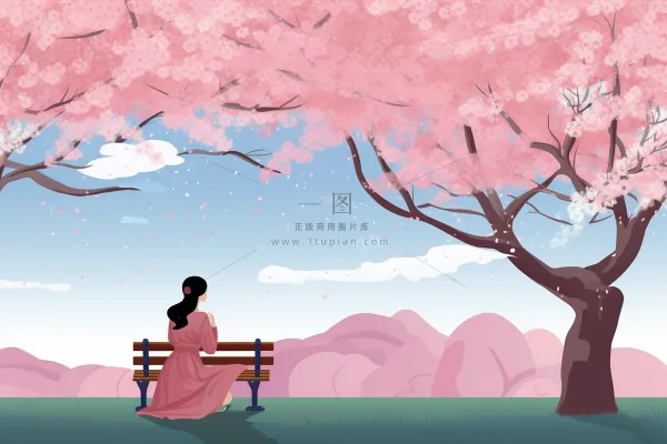春天樱花树下的女生人物卡通插画背景