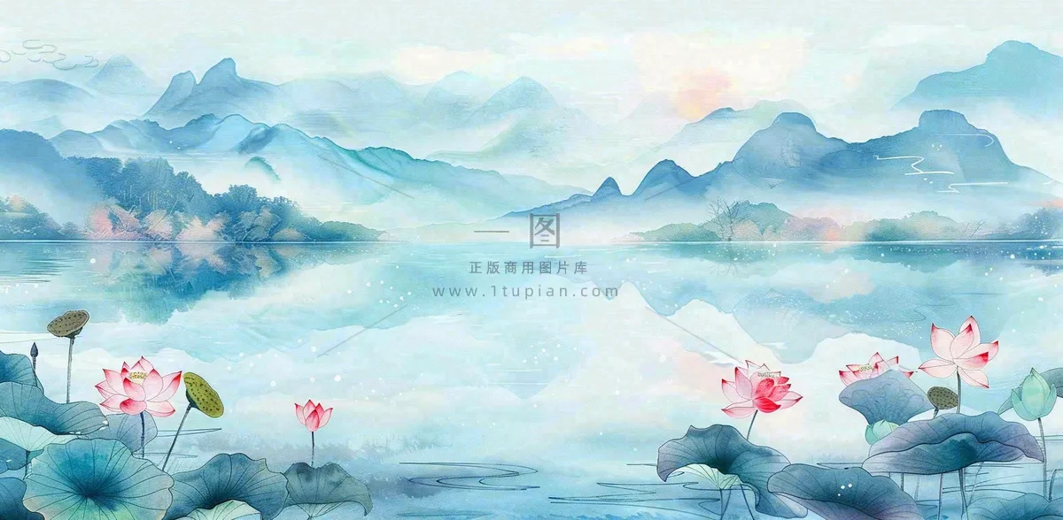 夏天水墨画山水荷花莲花蓝色插画立夏夏至大暑背景