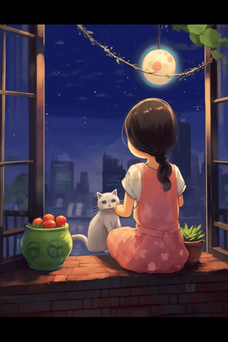 夜晚坐着窗边赏月的女孩猫插画背景