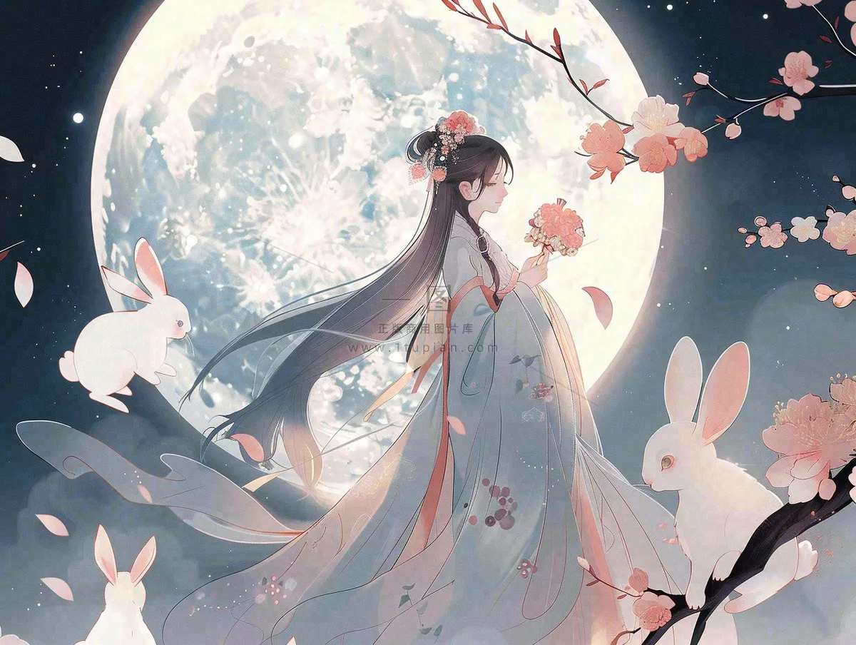 中秋节嫦娥玉兔月下嫦娥插图卡通唯美手绘古风插画背景