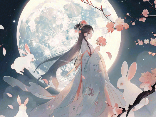 中秋节嫦娥玉兔月下嫦娥插图卡通唯美手绘古风插画背景