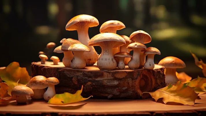 蘑菇秋季菌类木桩黄叶装饰摄影图