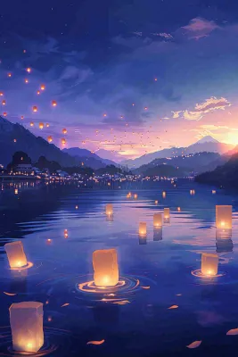 夜晚点灯孔明灯祈福中元节寒衣节插画背景 夜晚点灯孔明灯祈福中元节寒衣节插画背景