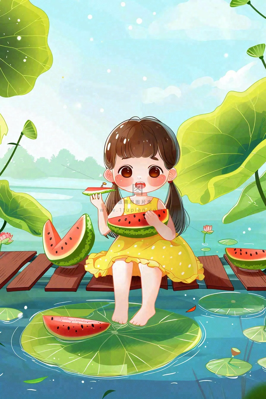 夏天荷花湖木桥上吃西瓜的女孩清凉立夏夏至大暑小暑卡通插画背景