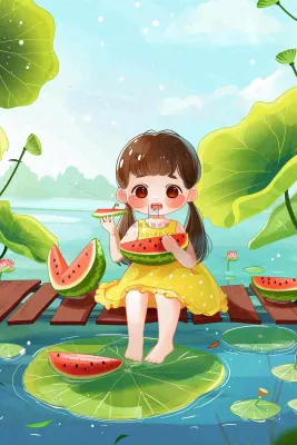 夏天荷花湖木桥上吃西瓜的女孩清凉立夏夏至大暑小暑卡通插画背景 夏天荷花湖木桥上吃西瓜的女孩清凉立夏夏至大暑小暑卡通插画背景