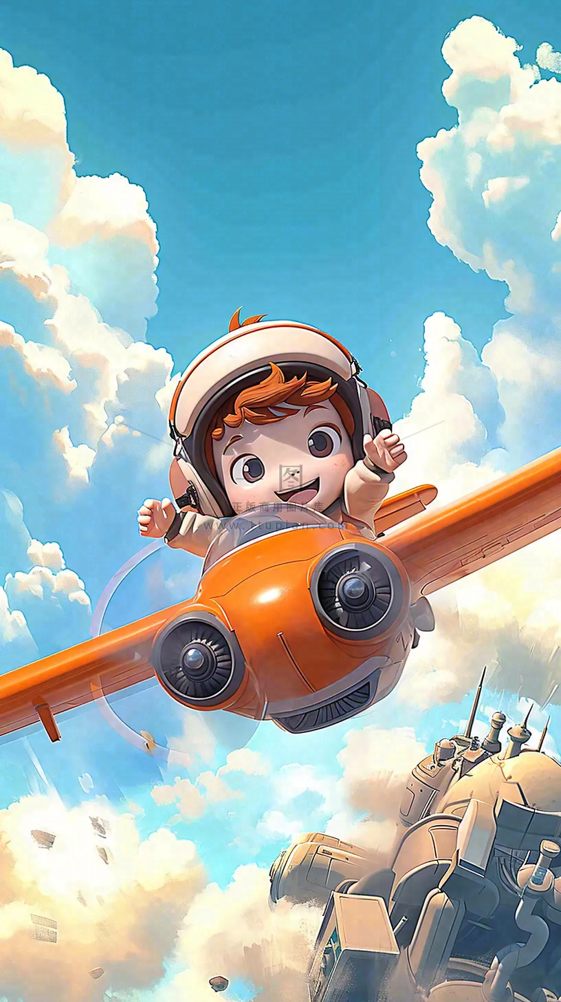 卡通少年男孩飞行飞机玩耍，可爱儿童节，天空白云