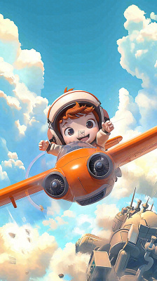 卡通少年男孩飞行飞机玩耍,可爱儿童节,天空白云 卡通少年男孩飞行飞机玩耍,可爱儿童节,天空白云