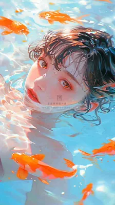 阳光泳池游泳人物男女，金鱼水面海上，反光色彩摄影图