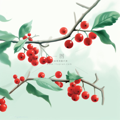 树枝上的红色果实小清新植物水墨画插画素材