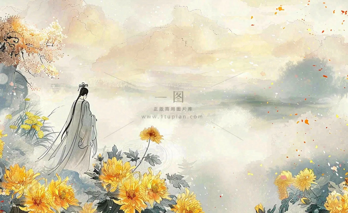 秋天古风水墨画山川菊花古风人物清明节重阳节插画背景