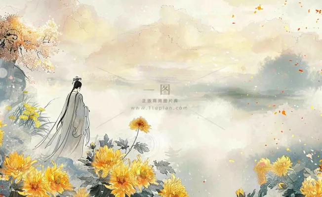 秋天古风水墨画山川菊花古风人物清明节重阳节插画背景 秋天古风水墨画山川菊花古风人物清明节重阳节插画背景