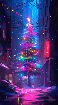 炫酷圣诞彩色缤纷圣诞树节日，夜晚街道建筑，暗黑