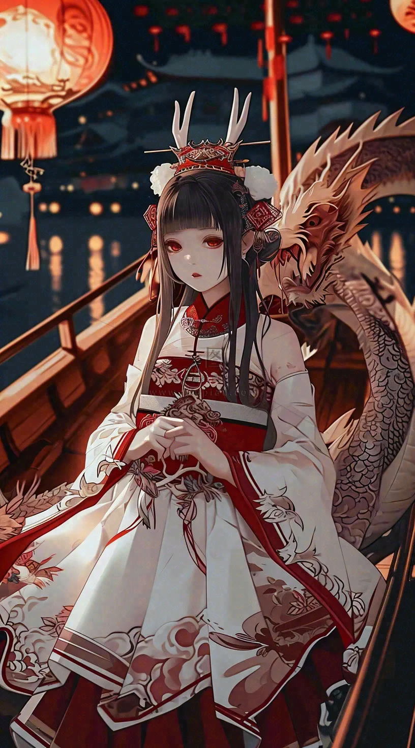 少女漫画古风灯笼夜晚夜景船只手绘插画