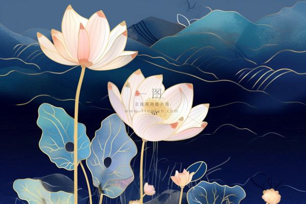 简约意境山水荷花蓝色背景 简约意境山水荷花蓝色背景