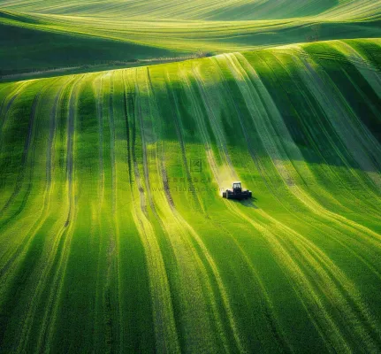 农田庄稼里耕种的机器农忙劳动节摄影图