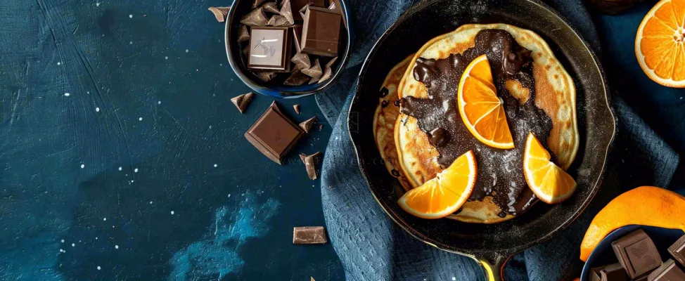 美食简约烤饼蛋糕，巧克力水果橙子摄影图