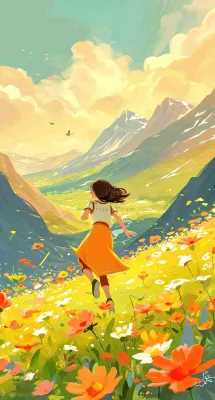 春日浪漫山脉鲜花草坪里的女孩,油画手绘插画,春分 春日浪漫山脉鲜花草坪里的女孩,油画手绘插画,春分