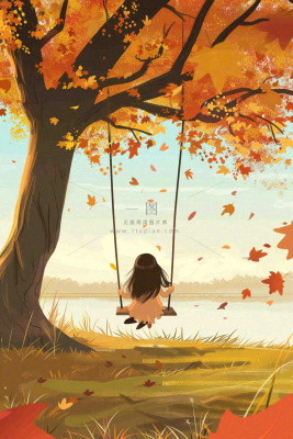 秋天湖泊大树下荡秋千的女孩落叶立秋秋分卡通插画背景 秋天湖泊大树下荡秋千的女孩落叶立秋秋分卡通插画背景