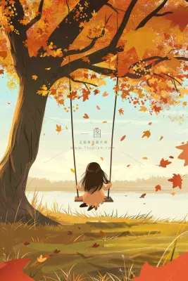 秋天湖泊大树下荡秋千的女孩落叶立秋秋分卡通插画背景 秋天湖泊大树下荡秋千的女孩落叶立秋秋分卡通插画背景