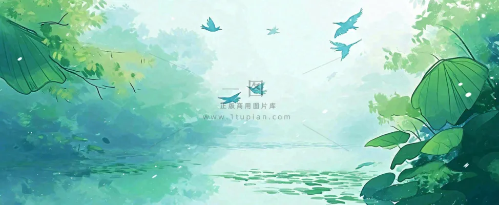 夏天池塘荷花池荷花荷叶河流插画手绘，夏至处暑小暑大暑